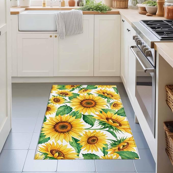 Area Rug 2x3ft, Summer Garden Sunflower Leaves Washable Rugs for Living Room Bedroom, Farm Blossom Floral Soft Non-Slip Area Rugs Rectangle Floor Carpet for Dining Room