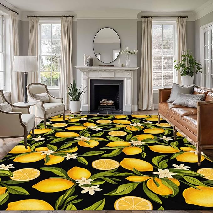 Area Rug 6x9ft, Summer Lemon Flower Washable Rugs for Living Room Bedroom, Plant on Black Soft Non-Slip Area Rugs Rectangle Floor Carpet for Dining Room
