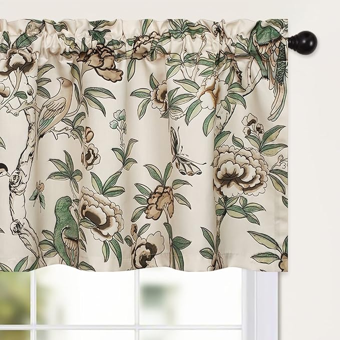 Leeva Flower Botanical Kitchen Valance, Prevent Glare Decorative Print Window Treatment, Farmhouse Style Valance for Bedroom, Rod Pocket, W 52 x L 18 Inches
