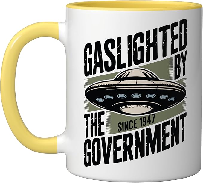 UFO Cover Up Gaslighted by the Government 1947 Ceramic Mug, Yellow/White