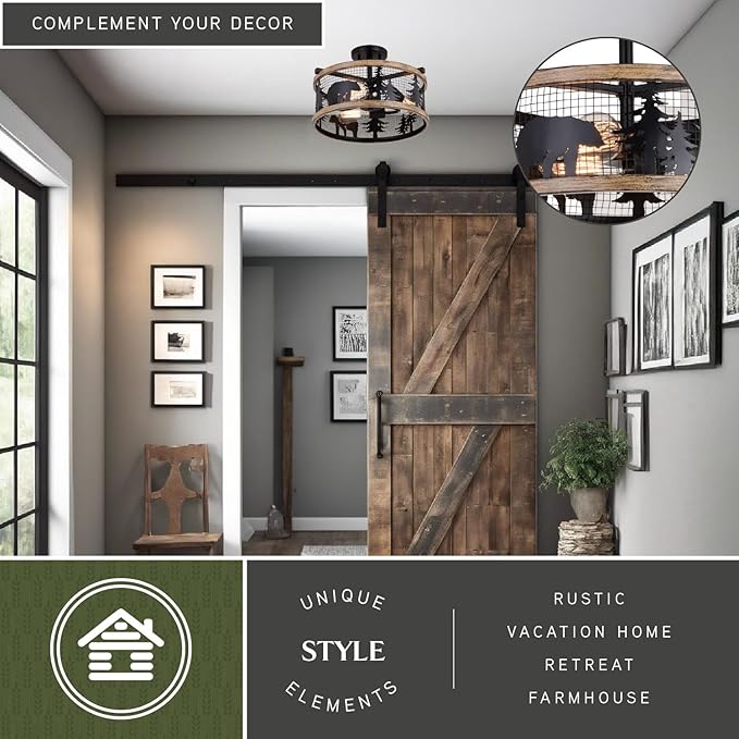 VAXCEL Kodiak 16 Inch Rustic Flush Mount Ceiling Light, Bear and Tree Motif, Dimmable Indoor Outdoor Lighting, Black and Burnished Teak Finish