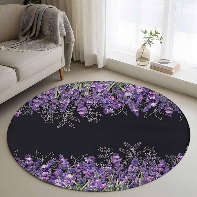 Washable Round Area Rug Spring Purple Lavender Flower Circle Rugs Floor Carpet for Living Room Bedroom, Watercolor Floral on Black Soft Non Slip Round Rug 4ft