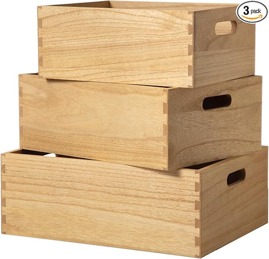 KIRIGEN Nesting Wood Crates with Handles Set of 3 - Farmhouse Decor Wooden Storage Containers/ Portable Rolling Tray Basket/ Crates Decorative Boxes Natural 3TH-NA