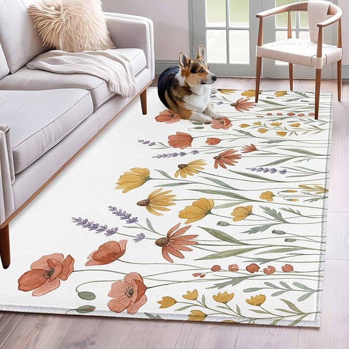 Area Rug 4x6ft, Watercolor Daisies Lavender Washable Rugs for Living Room Bedroom, Country Floral Art Soft Non-Slip Area Rugs Rectangle Floor Carpet for Dining Room