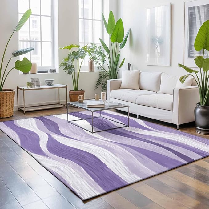 Area Rug 8x10ft, Abstract Lavender Purple White Water Ripples Washable Rugs for Living Room Bedroom, Modern Art Soft Non-Slip Area Rugs Rectangle Floor Carpet for Dining Room