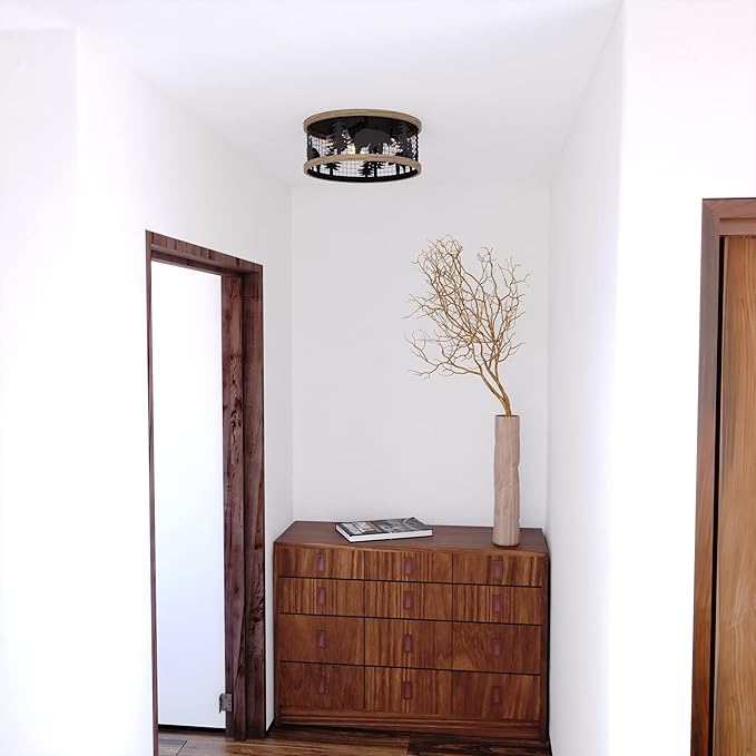 VAXCEL Kodiak 12 Inch Rustic Flush Mount Ceiling Light, Bear and Tree Motif, Dimmable Indoor Outdoor Lighting, Black and Burnished Teak Finish