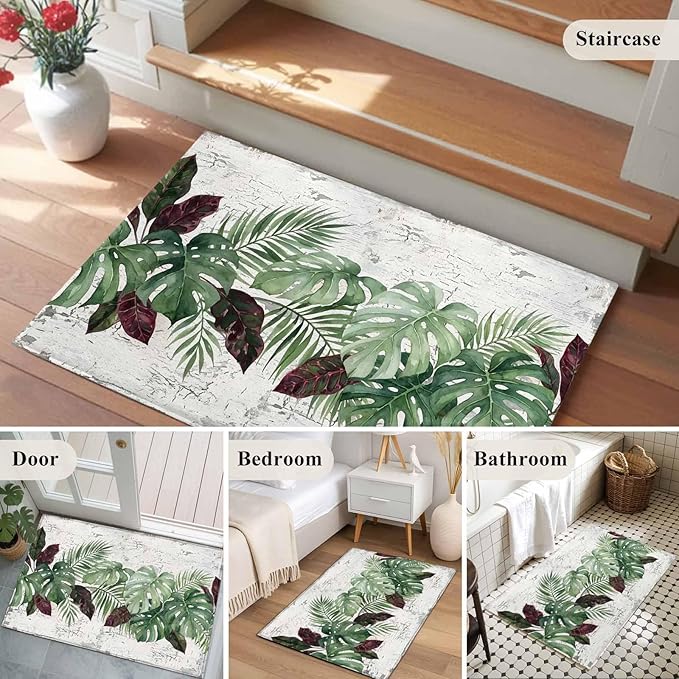 Area Rug 2x3ft, Summer Green Monstera Palm Leaves Washable Rugs for Living Room Bedroom, Vintage Botantical Soft Non-Slip Area Rugs Rectangle Floor Carpet for Dining Room