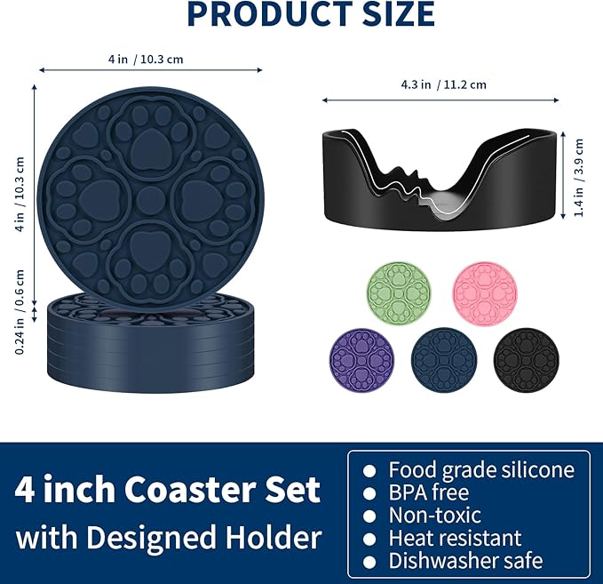 Blue Silicone Coasters with Holder, 4 Inch Non-Slip Round Coffee Cup Mats, Modern Drink Coaster Set of 6 for Desk, Table, Coffee, Beer & Beverage, Dishwasher Safe - Housewarming Gift