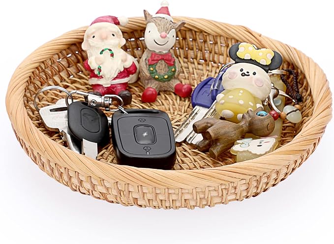 Hipiwe Small Woven Wicker Basket - 7.6" Round Entryway Organizer for Keys, Wallet, Cell Phone & Snacks