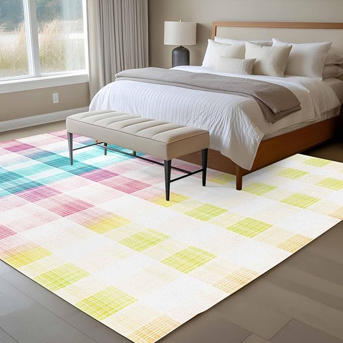 Area Rug 6x9ft, Easter Red Yellow Blue Stripes Washable Rugs for Living Room Bedroom, Abstract Buffalo Plaid Soft Non-Slip Area Rugs Rectangle Floor Carpet for Dining Room