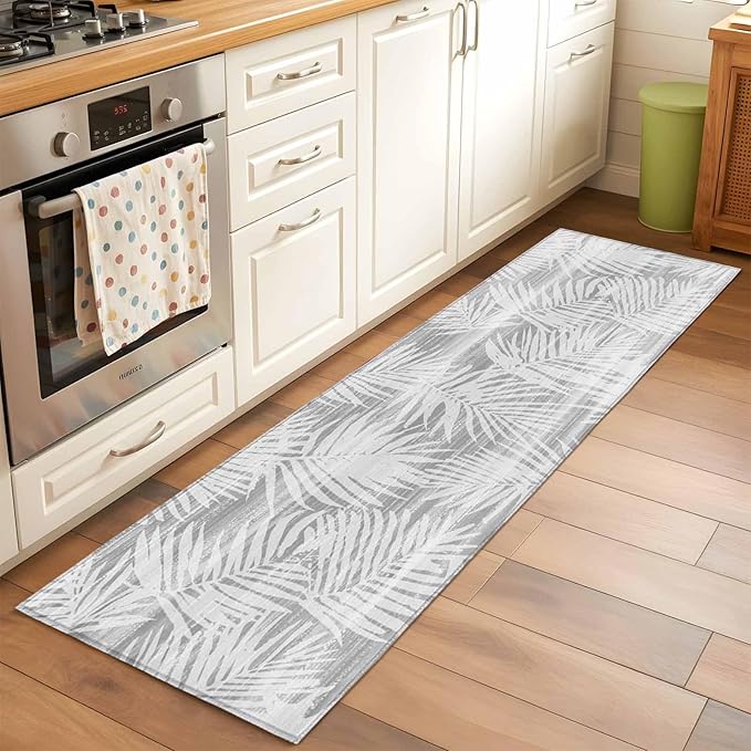 Runner Rug for Bedroom Hallway, Modern Gray Palm Leaves Kitchen Runner Rugs Area Rug 2x6ft, Boho Tropical Leaves Washable Soft Floor Carpet for Entryway Stair