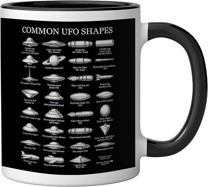 Common UFO Shapes Vintage Chart Alien Flying Saucer Ceramic Mug, Black/White
