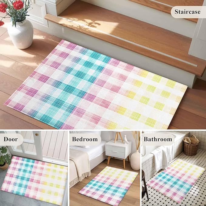 Area Rug 2x3ft, Easter Red Yellow Blue Stripes Washable Rugs for Living Room Bedroom, Abstract Buffalo Plaid Soft Non-Slip Area Rugs Rectangle Floor Carpet for Dining Room