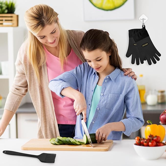 Silicone Smoker Oven Gloves - BBQ Gloves with Sharp Knife, Basting Brush and Sticky Hook.