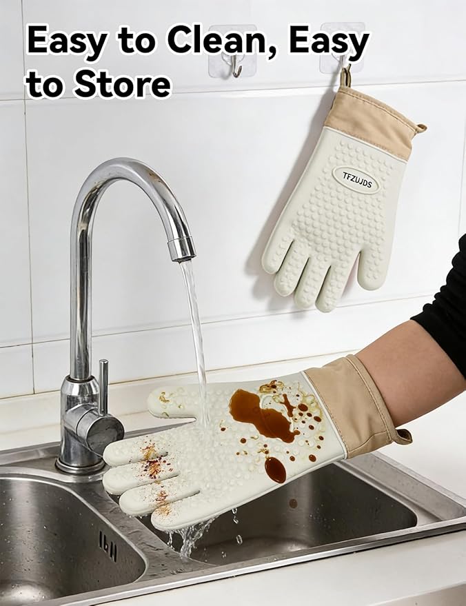 Silicone Oven Mitts with Five-Finger Design, Extended Cuff & Soft Cotton Lining – Heat Resistant, Waterproof, Non-Slip Oven Gloves for Baking, Cooking, Grilling, Safe Grip on Hot Cookware - White