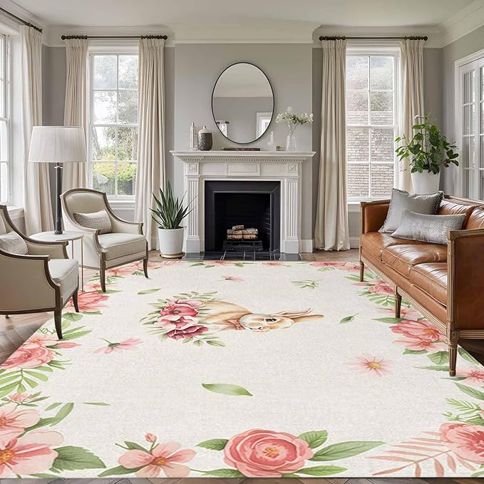 Area Rug 6x9ft, Retro Easter Rabbit on Linen Washable Rugs for Living Room Bedroom, Spring Pastoral Pink Flower Leaf Soft Non-Slip Area Rugs Rectangle Floor Carpet for Dining Room