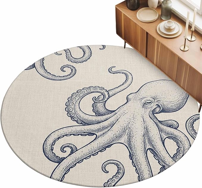 Washable Round Area Rug Marine Octopus Sea Monster Circle Rugs Floor Carpet for Living Room Bedroom, Farmhouse Ocean Life on Linen Soft Non Slip Round Rug 3ft