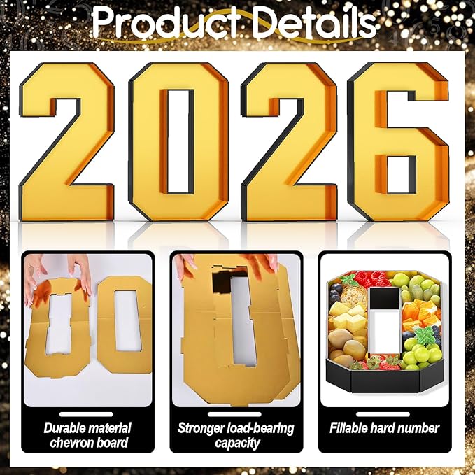 2026 Fillable Numbers for Charcuterie 13.8'' Cardboard Number Black Gold 2026 Shaped Board Trays for New Year Graduation Party Decorations Food Candy Paper Mache Cupcake Pans Cookies Box Container
