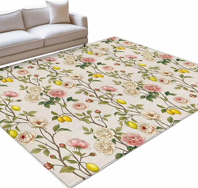 Area Rug 4x6ft, Farmhouse Blossom Flower Leaf Lemon Washable Rugs for Living Room Bedroom, Summer Retro Floral Fruit Soft Non-Slip Area Rugs Rectangle Floor Carpet for Dining Room