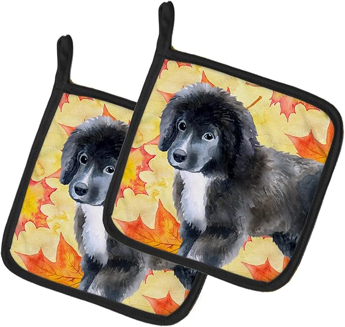 Caroline's Treasures BB9960PTHD Newfoundland Puppy Fall Pair of Pot Holders, Yellow Kitchen Heat Resistant Pot Holders Sets Oven Hot Pads for Cooking Baking BBQ, 7 1/2 x 7 1/2
