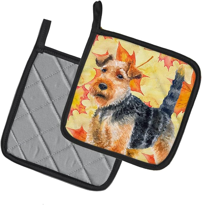 Caroline's Treasures BB9961PTHD Welsh Terrier Fall Pair of Pot Holders, Yellow Kitchen Heat Resistant Pot Holders Sets Oven Hot Pads for Cooking Baking BBQ, 7 1/2 x 7 1/2