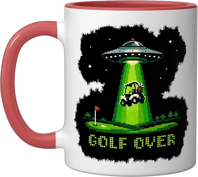 GOLF OVER Retro Funny Pixel Art UFO Abducting Golf-Cart Ceramic Mug, Red/White