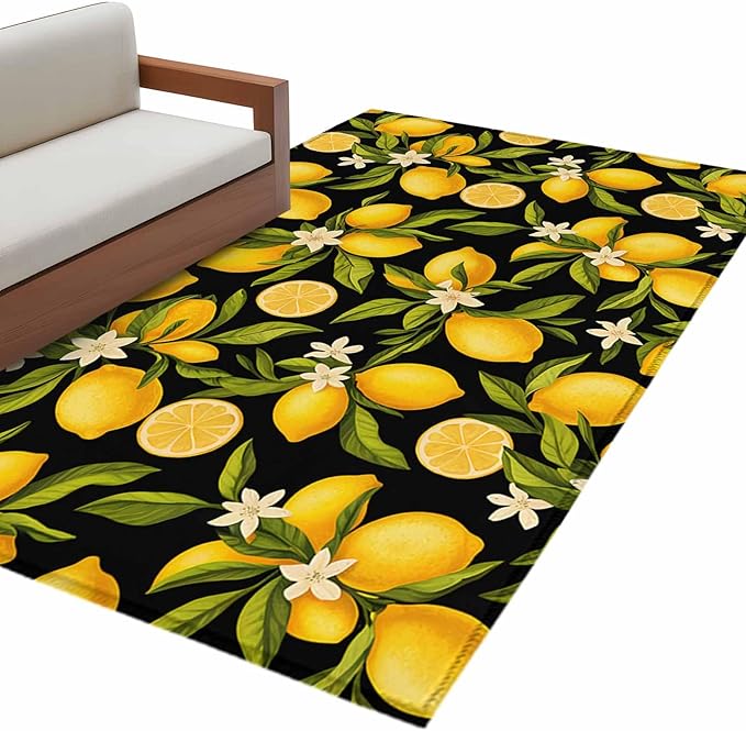 Area Rug 4x6ft, Summer Lemon Flower Washable Rugs for Living Room Bedroom, Plant on Black Soft Non-Slip Area Rugs Rectangle Floor Carpet for Dining Room