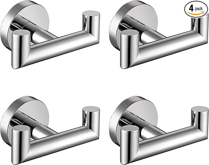 Towel Hooks For Bathrooms, Polished Chrome Towel Hook For Kitchen Bathroom, SUS304 Stainless Steel Coat Hook, Heavy Duty Double Holder Robe Hooks For Hanging Towels,Coats,Clothes,Wall Mount, 4 Pack