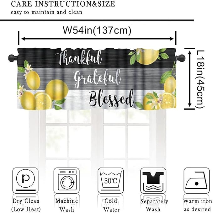 Lemon Fruit Kitchen Curtain Valance, Yellow Fruits Blessed Black Grey Wooden Farmhouse Rod Pocket Short Window Treatment for Dining Bedroom Living Room Cafe Home Decor, 54x18Inch
