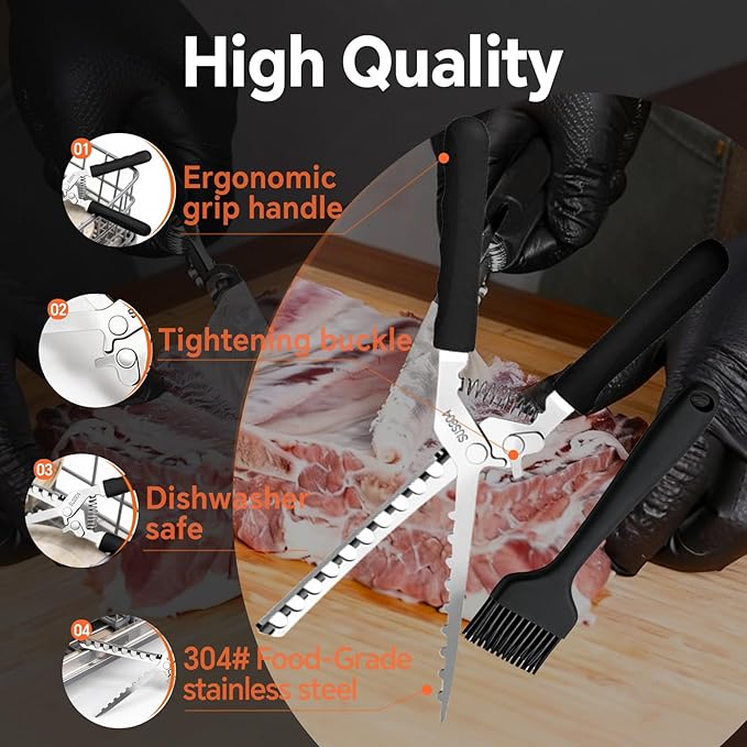 Rib Membrane Remover Tool kit, Premium 304 Stainless Steel Rib Prep Tool Membrane Remover with Cleaning Brush for BBQ Easy Use and Quick Cleaning Rib Skinner Rib Prep Tool Ergonomic Design