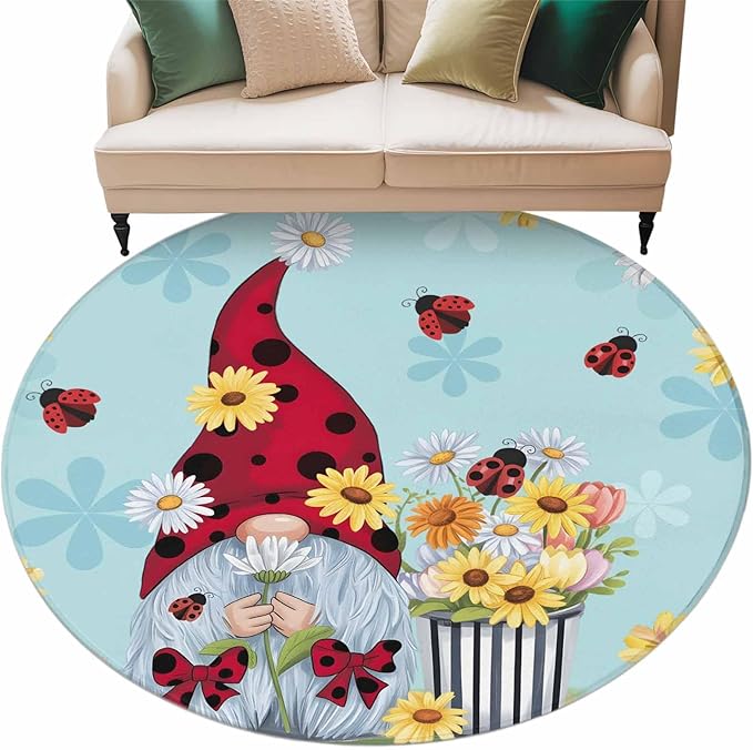 Washable Round Area Rug Summer Ladybug Gnome Daisy Flower Circle Rugs Floor Carpet for Living Room Bedroom, Watercolor Bloom Floral on Blue Soft Non Slip Round Rug 5ft