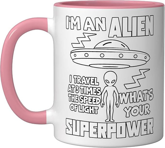 I'm An Alien Silhouette First Contact Space Apparel Ceramic Mug, Pink/White