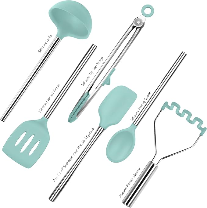 Tovolo Silicone Cooking Utensil Set of 6 Stainless Steel Handle Ladle Slotted Turner Tongs Flex Core Spatula Scraper Mixing Spoon & Masher, Dishwasher Safe BPA Free Utensils, Aqua Seafoam Green