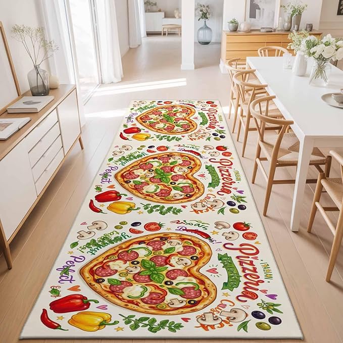 Runner Rug for Bedroom Hallway, Cartoon Pizza Watercolor Graffiti Kitchen Runner Rugs Area Rug 2x6ft, Farmhouse Vegetable Leaves Washable Soft Floor Carpet for Entryway Stair