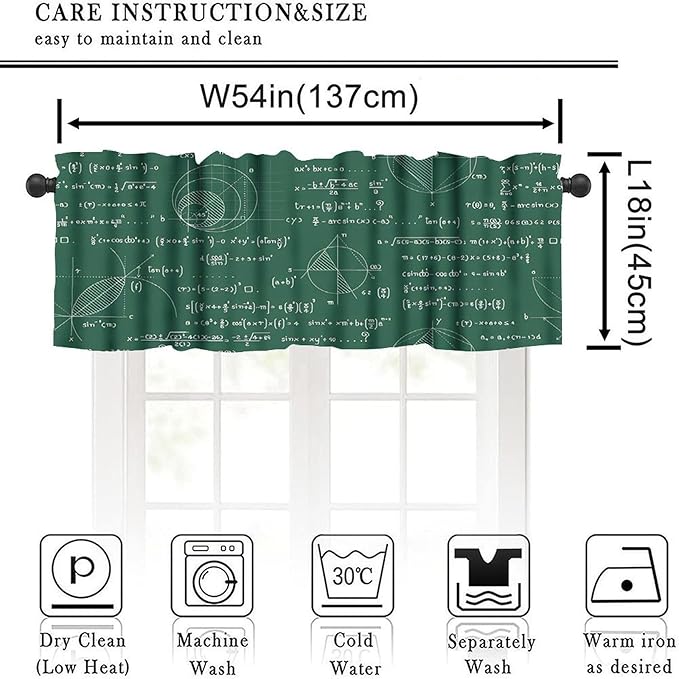 Math Valance Curtain, Mathematics Formula Chart Chalkboard Short Window Treatment for Kitchen Bedroom Study Room Classroom, 54x18Inch