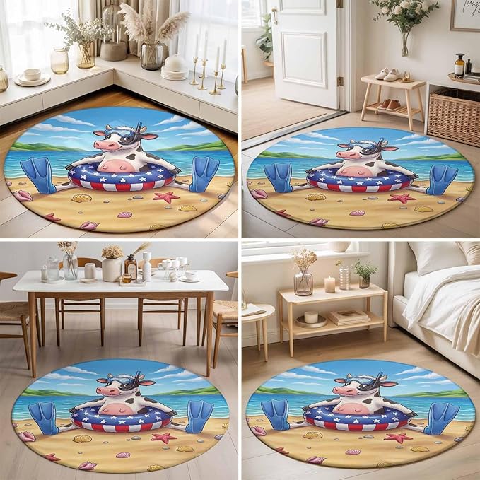 Washable Round Area Rug Summer Beach Snorkeling Cow Circle Rugs Floor Carpet for Living Room Bedroom, Ocean Starfish Funny Animal Art Soft Non Slip Round Rug 5ft