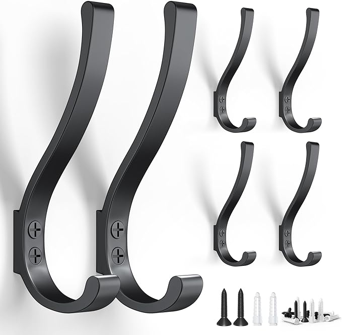 BREYDROK 6-Pack Heavy Duty Coat Hooks for Wall Mount - Durable Wall-Mounted Hooks for Hanging Coats, Backpacks & Bookbags, Rust-Resistant Coat Hanger Hooks for Entryway, Garage, Dorm