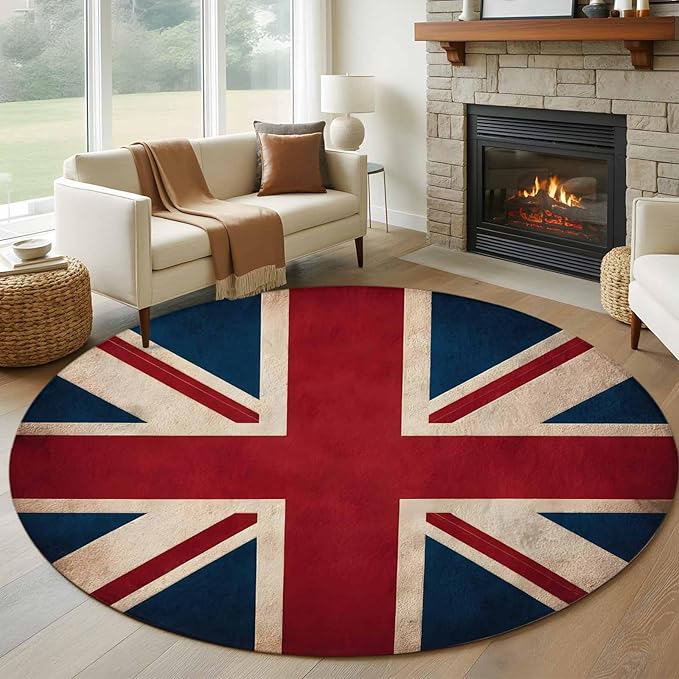 Washable Round Area Rug Vintage Union Jack Flag Circle Rugs Floor Carpet for Living Room Bedroom, Reerto Flags of The United Kingdom Soft Non Slip Round Rug 5ft