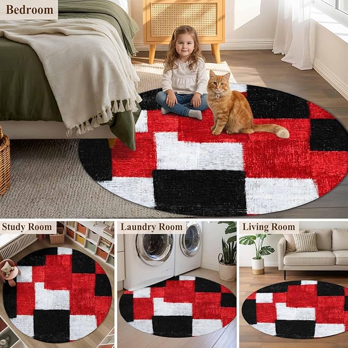Washable Round Area Rug Red Black White Gradient Circle Rugs Floor Carpet for Living Room Bedroom, Abstract Color Block Soft Non Slip Round Rug 5ft