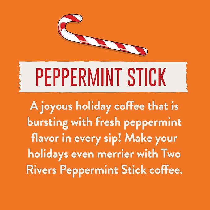 Two Rivers Coffee Peppermint Stick Flavored Ground Coffee, Perfectly Balanced, Always Smooth, Made with 100% Arabica Beans - Flavor Enhanced, 10 Ounce Bag