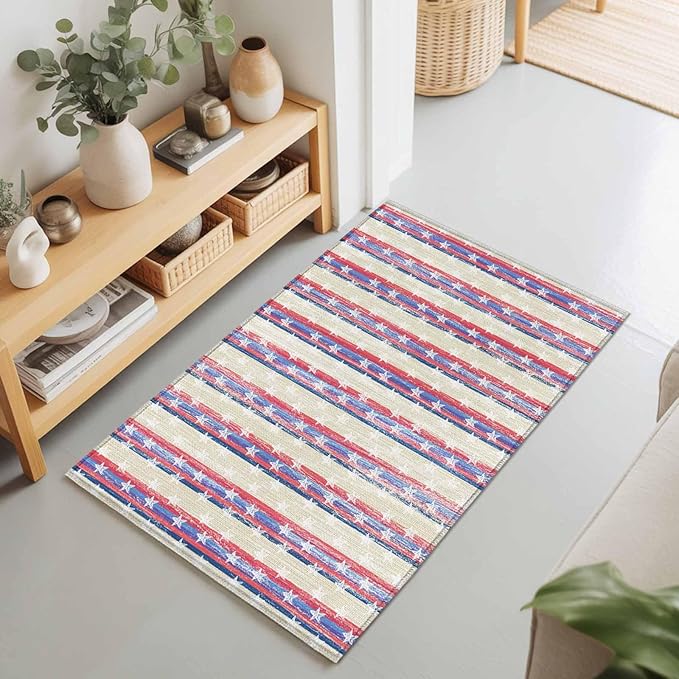 Area Rug 2x3ft, American Star Stripe Washable Rugs for Living Room Bedroom, Retro Independence Day Theme Soft Non-Slip Area Rugs Rectangle Floor Carpet for Dining Room