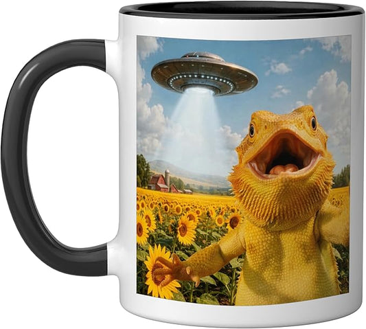 Funny Bearded Dragon Selfie with Alien UFO Ceramic Mug, Black/White