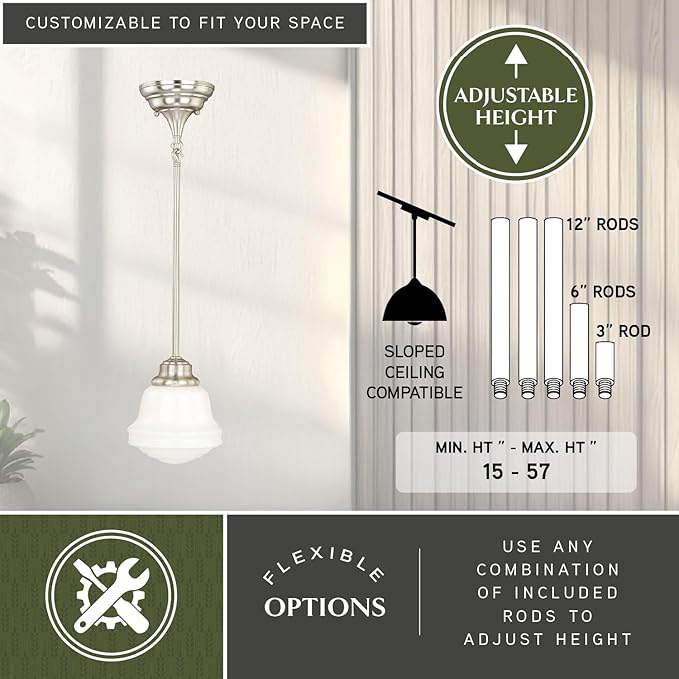 VAXCEL Huntley Satin Nickel Farmhouse Schoolhouse Mini Pendant Ceiling Light White Glass