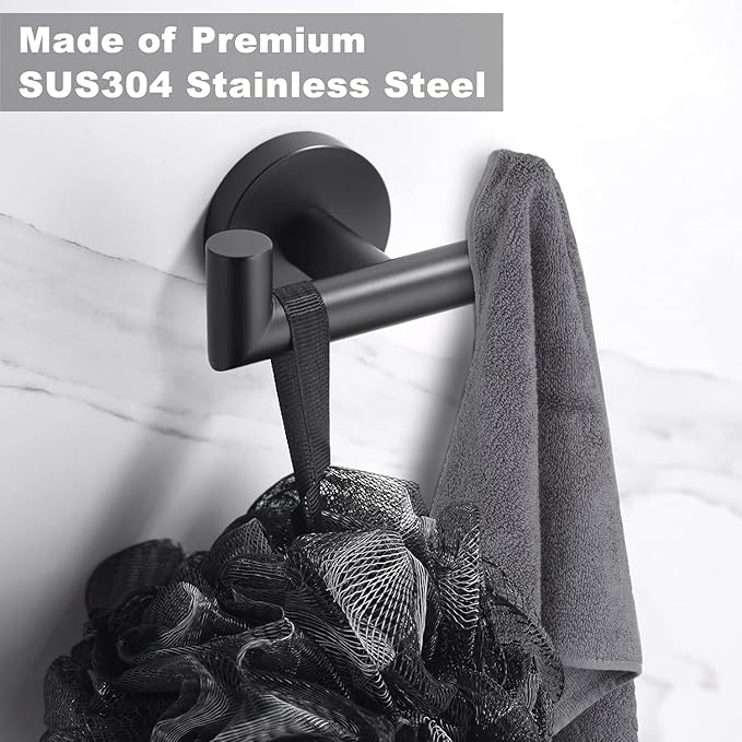 Towel Hooks for Bathrooms, Matte Black Towel Hook for Kitchen Bathroom, SUS304 Stainless Steel Coat Hook, Heavy Duty Double Towels Holder Hooks for Hanging Towels, Coats, sponges, Wall Mount, 1 Pack
