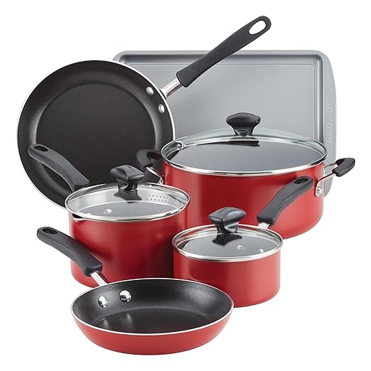 Farberware Cookstart DiamondMax Nonstick Cookware/Pots and Pans Set, Dishwasher Safe, Includes Baking Pan and Cooking Tools, 15 Piece - Red