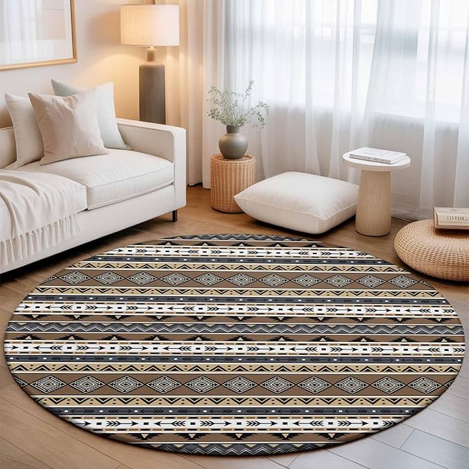 Washable Round Area Rug Boho Tribal Stripes Circle Rugs Floor Carpet for Living Room Bedroom, Ethnic Borders Arrow Motifs Soft Non Slip Round Rug 5ft