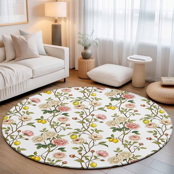 Washable Round Area Rug Country Blossom Flower Plant Circle Rugs Floor Carpet for Living Room Bedroom, Summer Lemon Leaf Seamless Soft Non Slip Round Rug 3ft