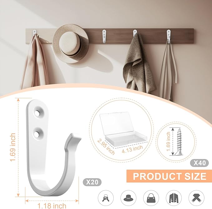 BREYDROK Hook for Hanging - 20PCS Hook for Hanging, Wall Hooks for Coats, Heavy Duty Single Prong Wall Hooks with 40 Pieces Screws (White)
