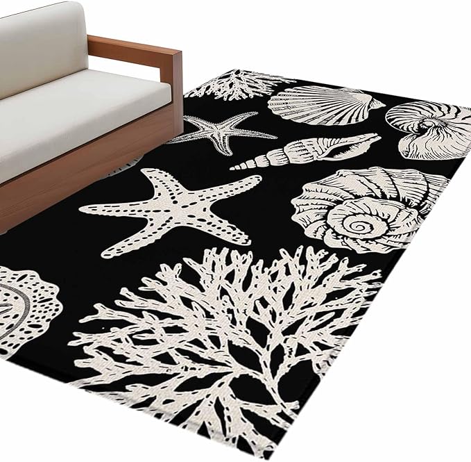Area Rug 4x6ft, Marine Starfish Shell Conch Washable Rugs for Living Room Bedroom, Ocean Life on Black Soft Non-Slip Area Rugs Rectangle Floor Carpet for Dining Room