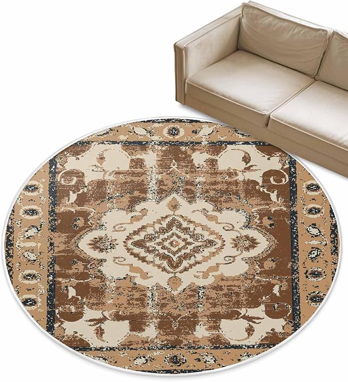 Round Area Rug,Retro Brown Pattern Ethnic Style Circle Living Room Rug Non-Slip Rugs Indoor Carpet,Abstract Flower Tribal Art Soft Comfort Rugs for Bedroom KidsRoom Nursery